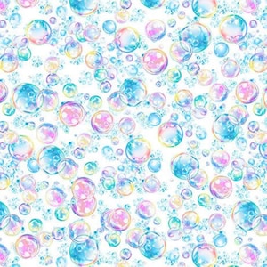 May include: A repeating pattern of colourful bubbles in shades of blue, pink, and yellow against a white background. The bubbles vary in size and have a translucent, iridescent quality, creating a whimsical and playful design.