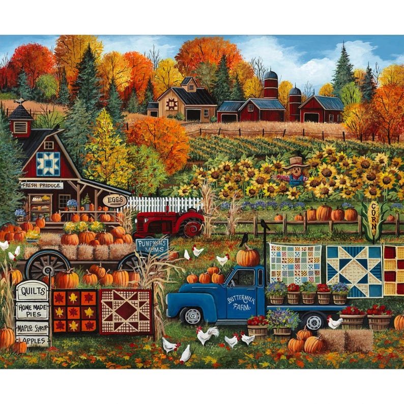 Pompoenveldje 36" Paneel Pompoenveldje Bewaarder van Camelot | Herfst Thanksgiving Quiltpanelen afbeelding 1