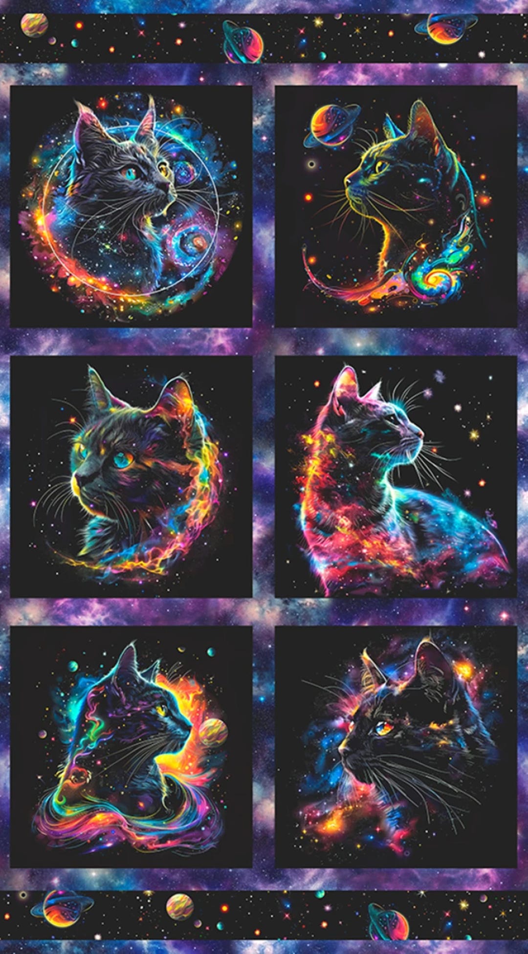 Celestial Cats on Black Block Fabric Panel Galaxy Cats by Robert ...