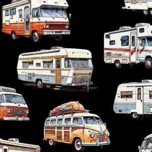 Camping Fabric, RV&#39;s on Black Fabric, Campers Fabric by QT Fabric Yardage and Fat Quarters