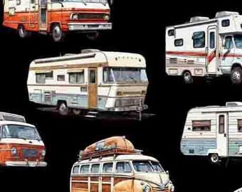 Camping Fabric, RV's on Black Fabric, Campers Fabric by QT Fabric Yardage and Fat Quarters