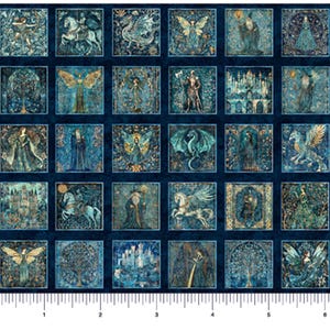 May include: A fabric panel featuring a grid of thirty square illustrations in shades of deep blue, teal, and gold, depicting fantasy figures like dragons, wizards, and castles. A ruler at the bottom shows a width of six inches.