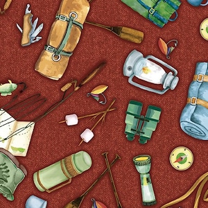 Camping Fabric, Live Love Camp Camping Motifs on Red Fabric by Kanvas Studio Fabric Yardage and Fat Quarters