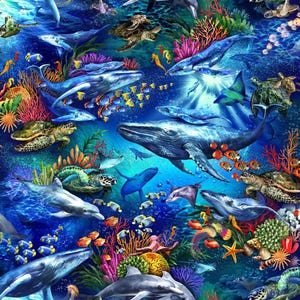 Ocean Life Fabric by the Yard / The Deep Ocean Oasis, Ocean Fish Sea Turtles Whales Dolphins Fish Coral Fabric Fat Quarter & Yardage