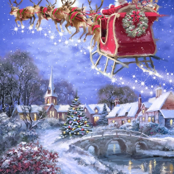 On to the Next Stop Santa's Sleigh 36" Panel by David Textiles / Christmas Winter Holiday Panel  / sold by the Cotton panel