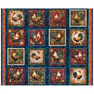 Roosters 36" Picture Patch Block Panel on Navy Rule the Roost by QT Fabrics  /  36" x 44" Fabric Panel / Quilt Panel