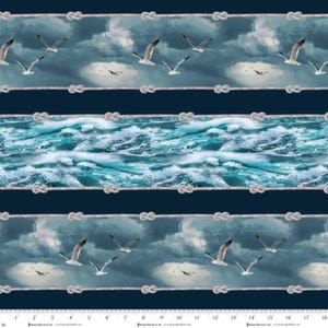 May include: A fabric print featuring horizontal bands separated by white rope borders with knots. The top and bottom bands show seagulls flying against a dark, cloudy sky. The middle band depicts turbulent, deep blue ocean waves.