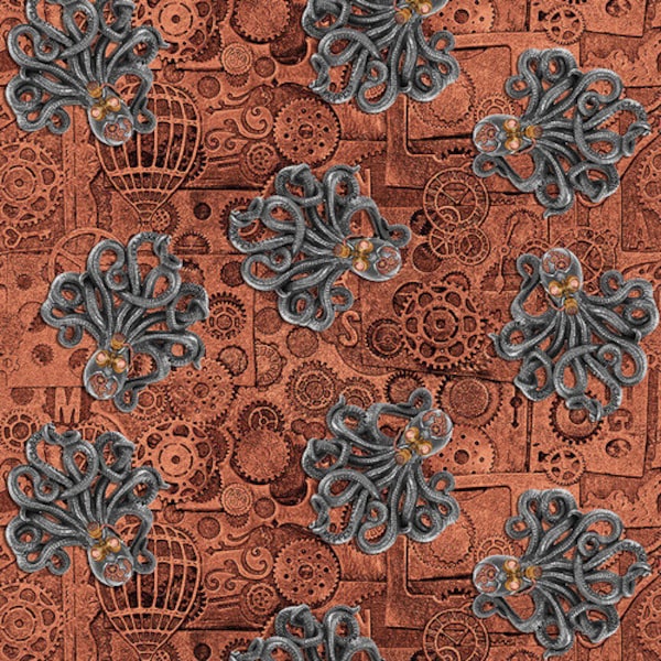 Steampunk Fabric, Octopus and Gears on Rust / Alternative Age Collection by Blank Quilting Fabric Yardage and Fat Quarters Available