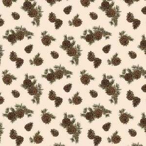 May include: A repeating pattern on a light cream background featuring brown pinecones and dark green pine needles. The design consists of clusters of pinecones paired with sprigs of evergreen needles arranged in a consistent, evenly spaced layout.