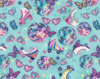 Disco Mirror Balls and Roller Skates on Aqua Disco Queen by Camelot, Dancing Roller Skate Material Yardage, Fat Quarter, and Yardage