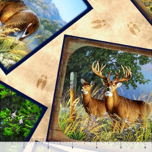 Patchs Deer sur tissu beige par mètre, collection Deer Ridge par QT Yardage et Fat Quarters disponibles