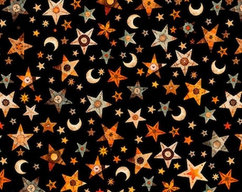 Halloween Fabric, Stars and Moons on Black Fabric, A Haunting We Will Go by Morris Creative Group for QT Fabrics