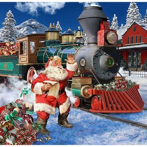 Ol St Nick All Aboard Digital Print Christmas Panel 43in x 43in / Holiday Fabric Panels / Christmas Fabric Panel / Hoffman Panels