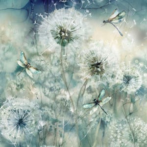 May include: A fabric panel featuring a watercolour-style print of white dandelion seed heads and three dragonflies against a deep teal and blue background. The text PANEL SIZE 24" x 43" is printed in the upper right corner of the design.