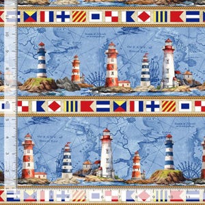 May include: Nautical-themed fabric featuring a blue map background with various lighthouses in red, white, and blue. The design includes nautical flags and rope borders. The lighthouses are of different sizes and styles, set on rocky islands.