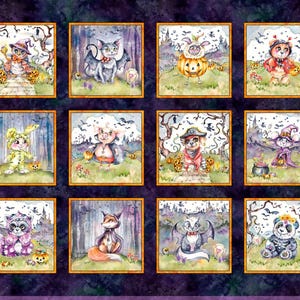 Könnte beinhalten: Ein Stoffpaneel mit zwölf quadratischen Illustrationen von Tieren in Halloween-Kostümen, darunter eine Eule, eine Katze mit Fledermausflügeln, ein Schaf im Kürbiskostüm, ein Bär, ein Hase, ein Schwein, ein Hund, eine Maus, ein Waschbär, ein Fuchs, ein Stinktier und ein Panda.