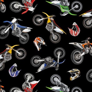 Dirt Bikes on Black Motorcycle Fabric By The Yard / Elizabeth studio 458 Motorcycle Fat Quarter and Yardage