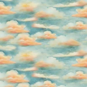 May include: A repeating pattern of fluffy clouds in shades of peach, white, and yellow against a light blue sky. The clouds have soft edges and a watercolor effect, creating a dreamy and whimsical aesthetic. Small white dots are scattered throughout.