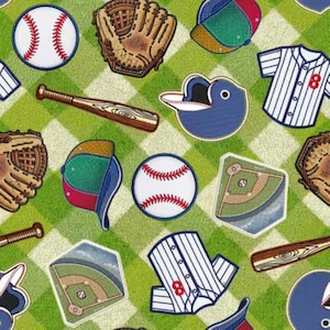May include: A repeating pattern on a green checkered background featuring baseball equipment including white baseballs with red stitching, brown leather gloves, wooden bats, blue baseball caps, white pinstriped jerseys with the number 8, and baseball fields.
