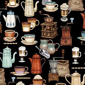 Barista Coffee Allover on Black Fabric by the yard / Coffee Yardage / Kitchen fabric  / by QT Fabric Yardage and Fat Quarters