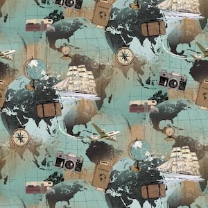 Carte du monde sur tissu bleu sarcelle clair / Tissu de voyage de bateau / Collection Explore par Clothworks / Mélangeur de carte Tissu Fat Quarter et métrage
