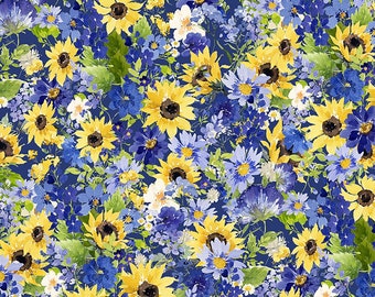 Sunflowers on Blue Fabric / Sunflower Bouquets  Fabric by Clothworks Textiles floral Yardage and Fat Quarters