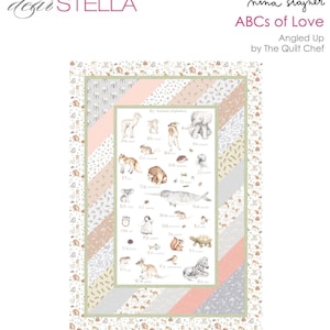 May include: A quilt featuring the Dear Stella ABCs of Love Angled Up design by Nina Stajner. The center panel displays an animal alphabet with illustrations from A to Z. The border consists of diagonal stripes in soft pink, gray, and white patterns. The quilt measures 44 inches by 62 inches.
