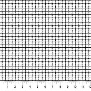 May include: Black and white fabric with a grid pattern. The fabric has a repeating pattern of small, connected rectangles. A ruler is at the bottom, showing measurements in inches, with markings from 1 to 12.