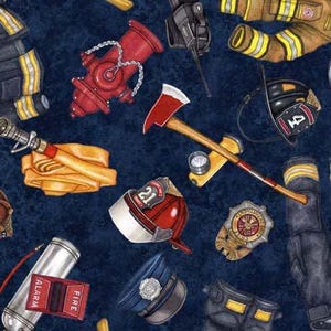 Fire Fighter Equipment on Navy American Heroes Firemen Fabric Fabric by Quilting Treasures Cotton Yardage, Fat Quarters