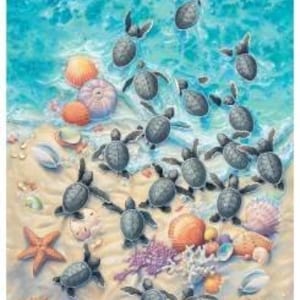 Schildkröten Stoff Panel / Baby Schildkröten Rennen zur Sicherheit 24 &quot;Panel von Elizabeth&#39;s Studios / Ocean Life Animal Quilt top Panel