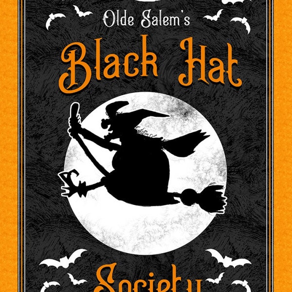 Halloween Fabric Panel, Olde Salem Black Hat Society 24" Panel by Henry Glass Halloween Fabric Panel / Quilt Fabric Panel