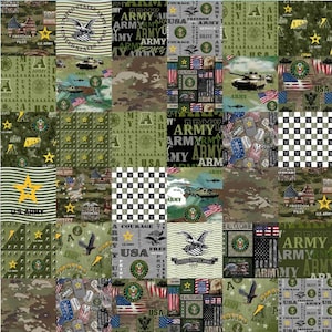 May include: A patchwork design featuring various military-themed patterns. The design includes images of tanks, eagles, flags, stars, and the text "U.S. Army" and "Army". The color palette consists of greens, tans, blacks, and whites.