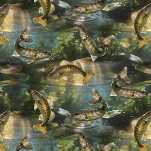 May include: A repeating fabric pattern featuring multiple walleye fish swimming through murky, green-toned water. The scene includes submerged rocks, aquatic plants, and light rays filtering through the water surface, creating ripples.