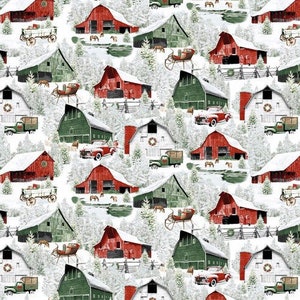 Christmas Fabric, Barn Scenic Winter Scene Fabric Holiday Spirit Collection by Henry Glass Christmas Western Fabric / Cowboy Western Yardage