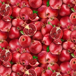 May include: A repeating pattern of whole and halved pomegranates featuring deep red skins and vibrant ruby-coloured arils. The composition displays numerous round fruits with textured rinds and exposed seeds, creating a dense, colourful fruit display.