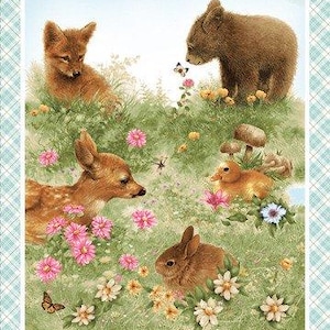 May include: A fabric panel depicting a woodland scene with a fox, bear cub, deer, rabbit, and duckling amongst flowers. Floral medallions with animal illustrations are at the top and bottom. The background has a light blue plaid pattern.