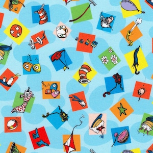 Dr Seuss Fabric / Seuss Motif Celebration on Blue Celebrate Seuss by Robert Kaufman  children&#39;s Cotton quilt fabric, Yardage, Fat Quarters