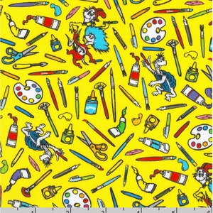 Dr Seuss Fabric / Express Yourself Dr Seuss  Characters with Paint Tools on Yellow  by Robert Kaufman, Yardage & Fat Quarters Available