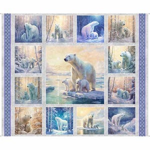 Polar Bear Picture Patch on Gray 36&quot; Panel by QT Snow Fabric Panel Quilt Panel  Quilting Fabric Panel