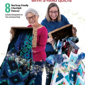 May include: A quilting pattern book titled Make It Scrappy with 3-Yard Quilts by Donna Robertson and Fran Morgan. The cover features two people holding woven baskets spilling out colorful fabric scraps and finished quilt designs in blue and teal.
