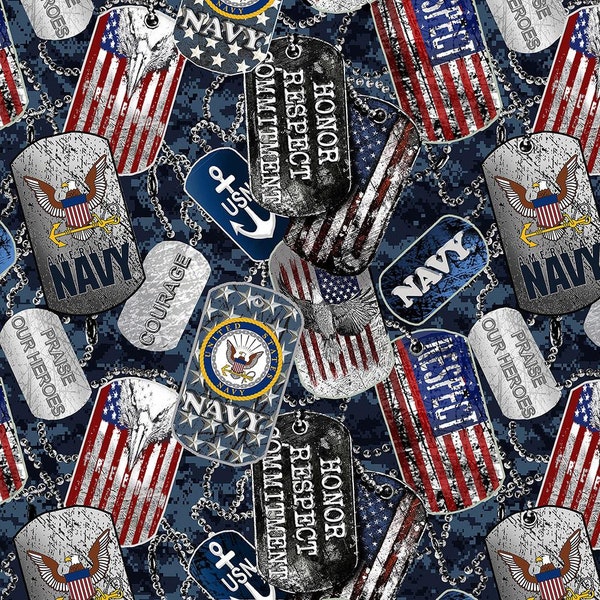 Military Dogtags Navy Fabric / Military Fabric / Sykel 1254-N Military Quilt Fabric / Navy Dog Tags By The Yard and  Fat Quarters