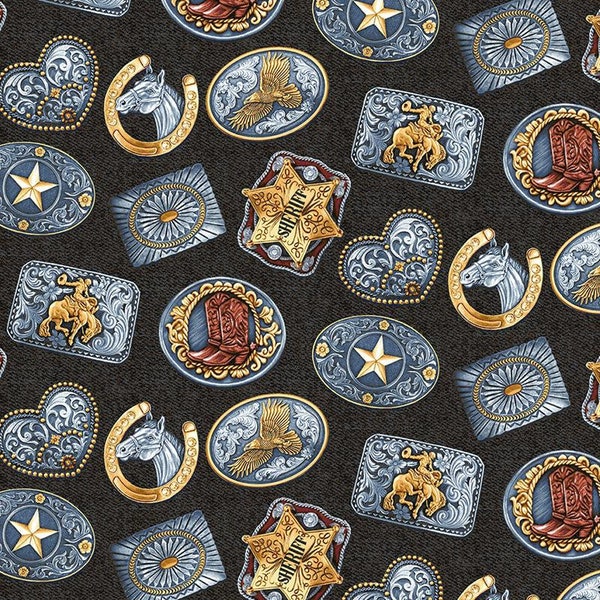 Rodeo Buckles, Belt Buckle Fabric / Wild Wild West Collection from StudioE Belt Buckle Yardage  Western Fabric by the yard & Fat Quarters