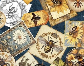 Bityg / Bikollage på Midnight Queen Bee-kollektionen från Quilting Treasures Fabrics Bilängd Bi Fat Quarters