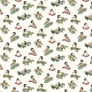 Charming Chickadees w/Metallic on Branches Fabric by the Yard from Benartex Bird Fabric Yardage and Fat Quarters available