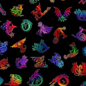Dragon Fabric / Rainbow Dragon Flying Dragons  Fabric Yardage & Fat Quarters