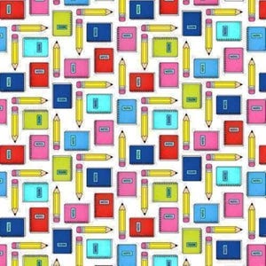 May include: A repeating pattern featuring colorful notebooks in red, blue, pink, and lime green, each labeled with the word NOTES, interspersed with yellow pencils. The design displays a grid-like arrangement of school supplies on a white background.