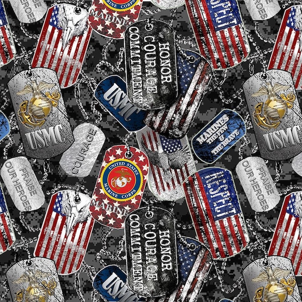 Military Dogtags Marines Fabric / Military Fabric / Sykel 1254-M Military Quilt Fabric / Marines Dog Tags By The Yard and  Fat Quarters