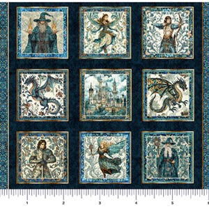 May include: A fabric panel featuring nine square illustrations of fantasy characters and scenes. The images include a wizard, a fairy, a knight, a dragon, and a castle, all framed in ornate borders. The background is a dark blue with a decorative border.