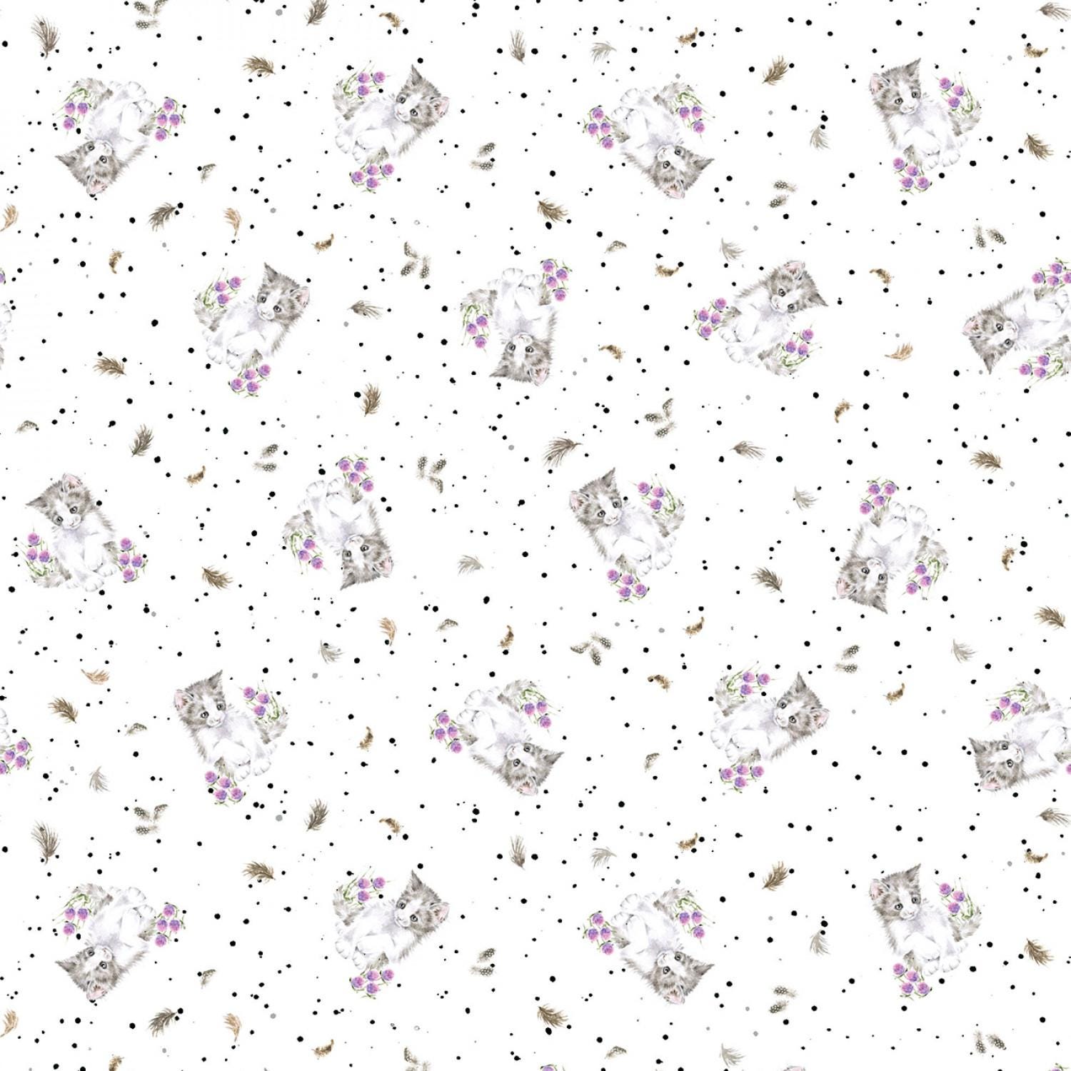 Cats with Tiny Flowers on White Fabric / Whiskers and Paws Nursery fabric by Hannah Dale, Maywood Studio Fabric Yardage & Fat Quarters