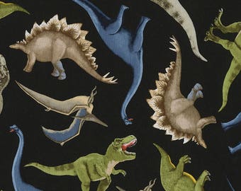 Dinosaurier Stoff / Dinosaurier auf schwarzem Stoff / Timeless Treasures Dino- C5726 - Dinosaurier Birdie / Fat Quarters und Meterware